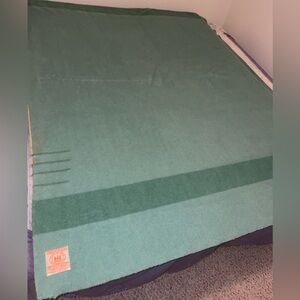 VINTAGE 60s GREEN 4 POINT HUDSONS BAY BLANKET PURE WOOL MADE IN ENGLAND
